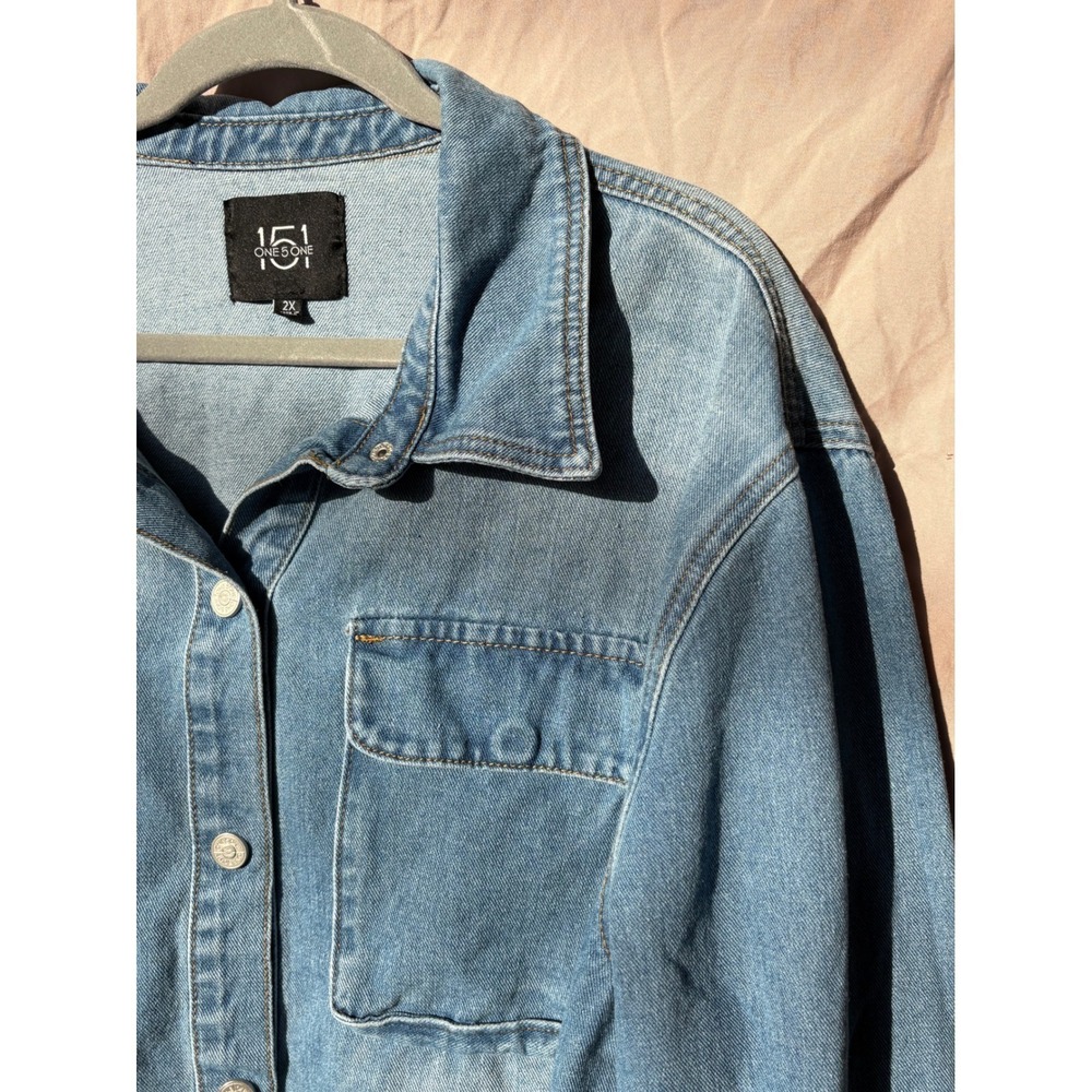 One5One Denim Jacket 100% Cotton Plus 2X Frayed Raw Hem Button Front Shirt - Picture 5 of 11